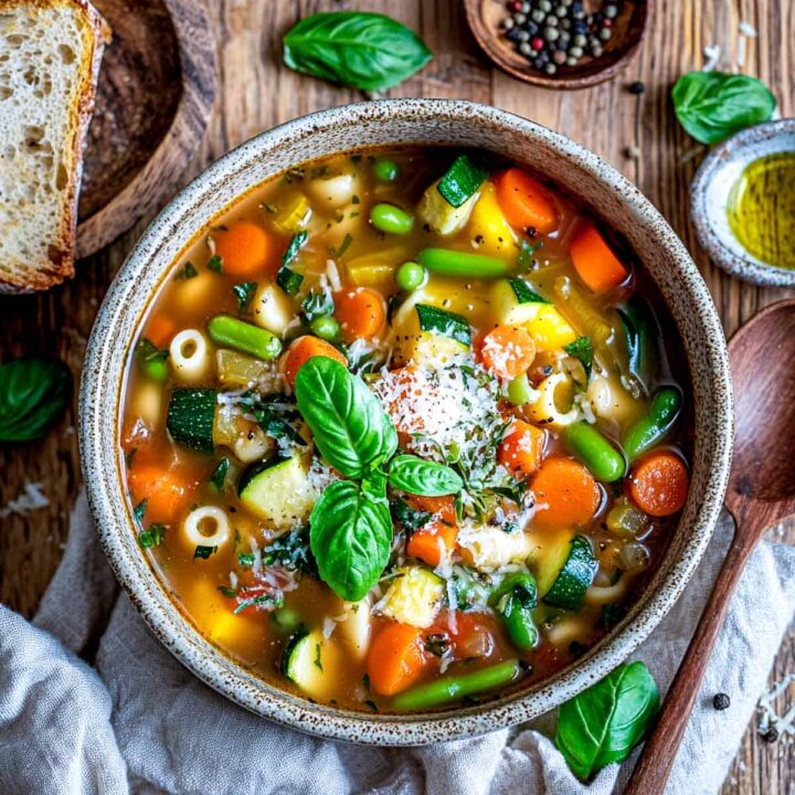 An overhead view of a bowl of spring minestrone soup, featuring a clear vegetable broth loaded with carrots, zucchini, yellow squash, green beans, peas, and ditalini pasta, garnished with a sprinkle of Parmesan cheese and fresh basil leaves, served on a rustic wooden surface.