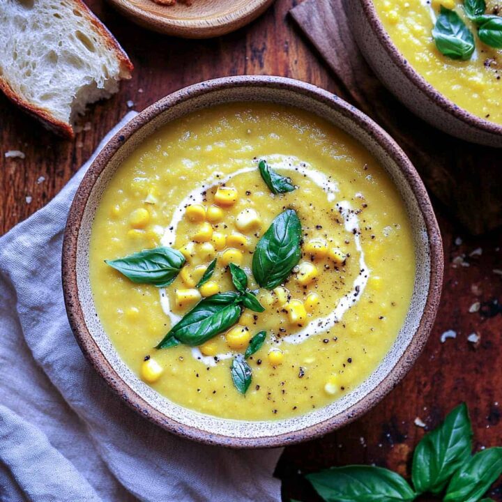 An overhead view of a bowl of thick, creamy yellow sweet corn and basil soup, garnished with a swirl of cream, whole corn kernels, fresh basil leaves, and cracked black pepper. It is served on a rustic wooden surface next to a slice of crusty bread.