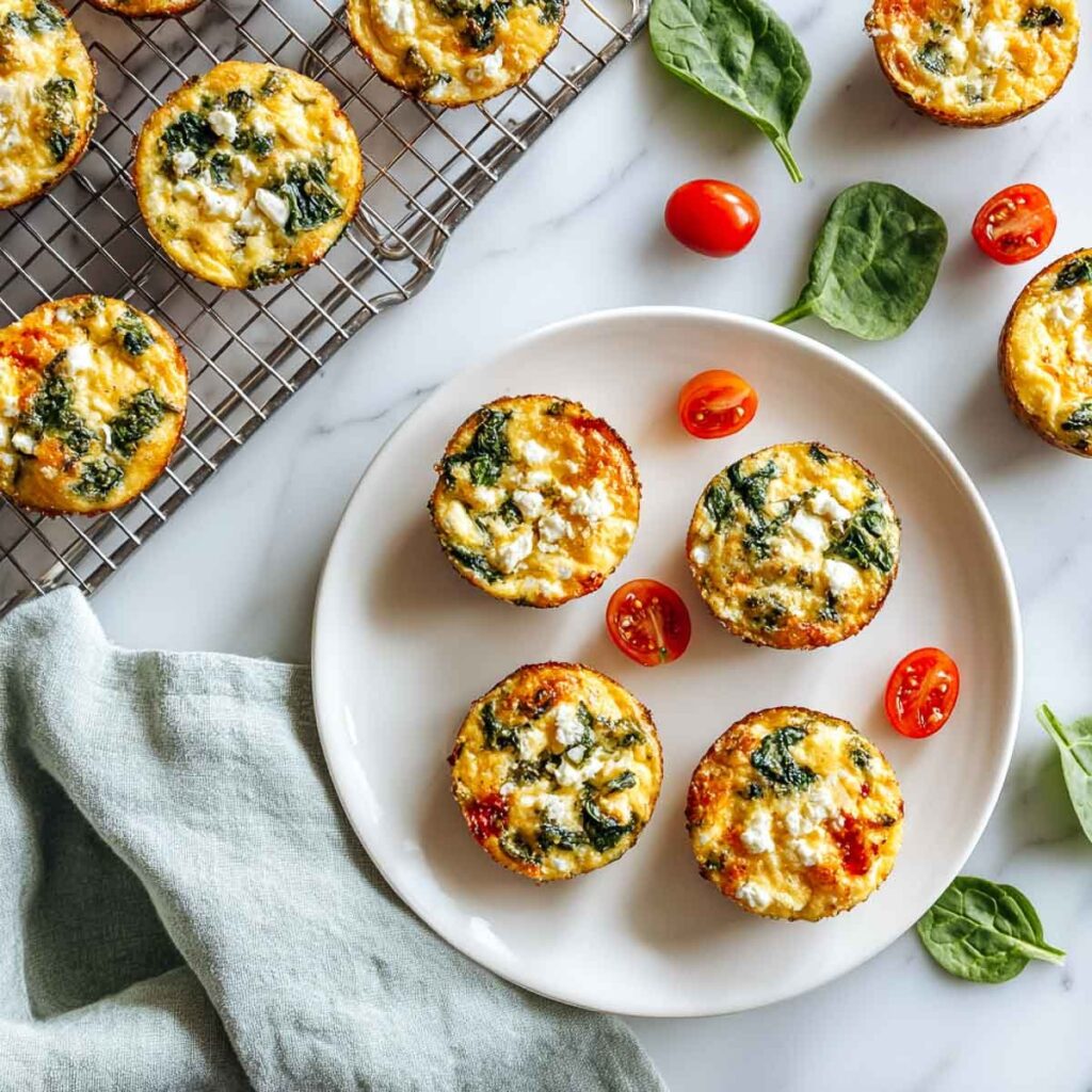 An overhead shot of spinach and feta egg muffins arranged on a white plate and a wire cooling rack, surrounded by fresh cherry tomatoes and spinach leaves.