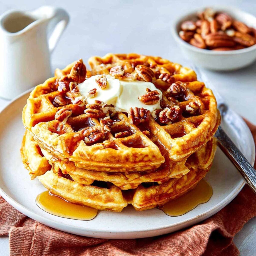 A tall stack of golden-brown waffles on a plate, topped with melting butter, chopped pecans, and a heavy drizzle of maple syrup, with a bowl of pecans in the background.