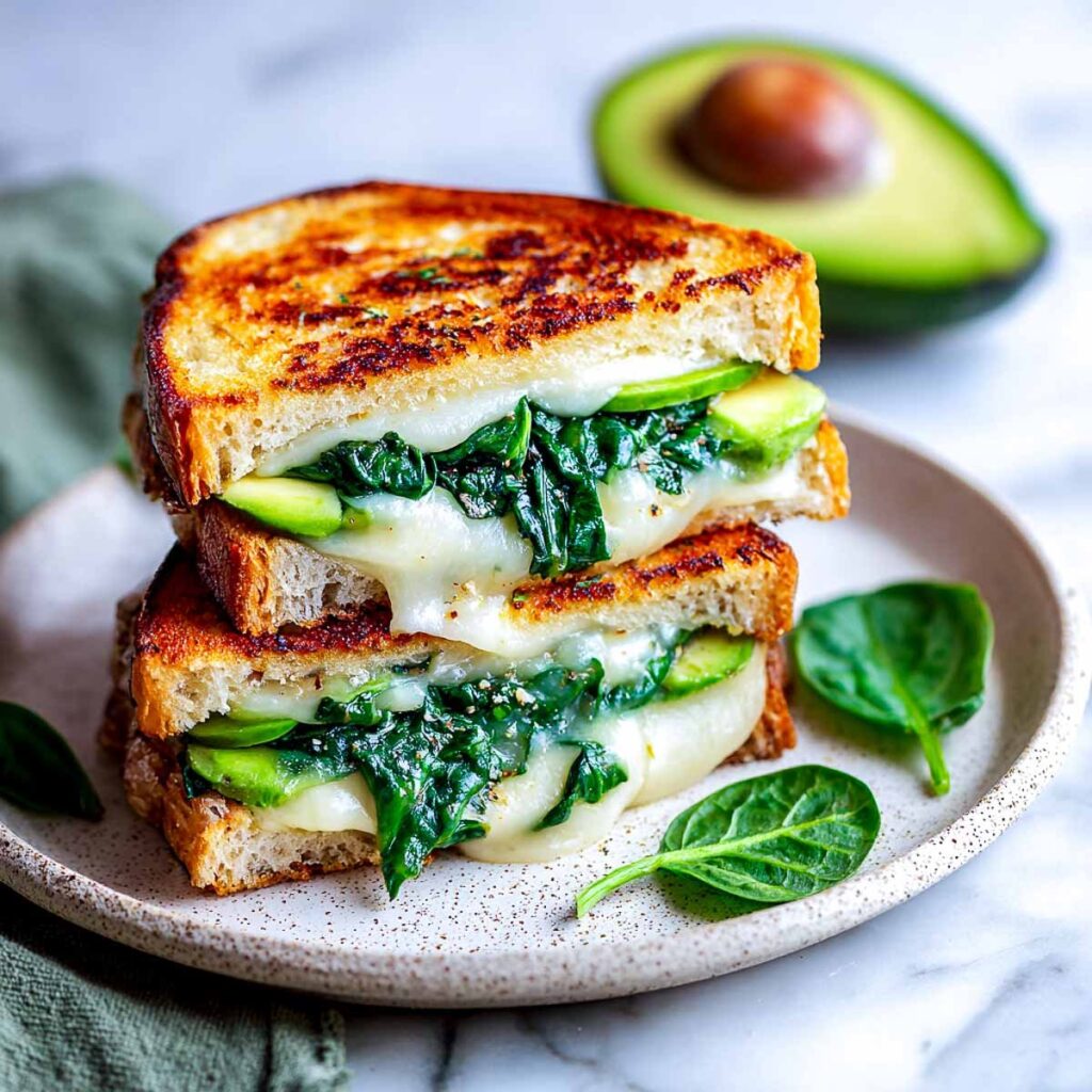 A close-up of a golden-brown grilled cheese sandwich, cut in half and stacked to show the gooey melted cheese, wilted spinach, and fresh avocado slices inside.