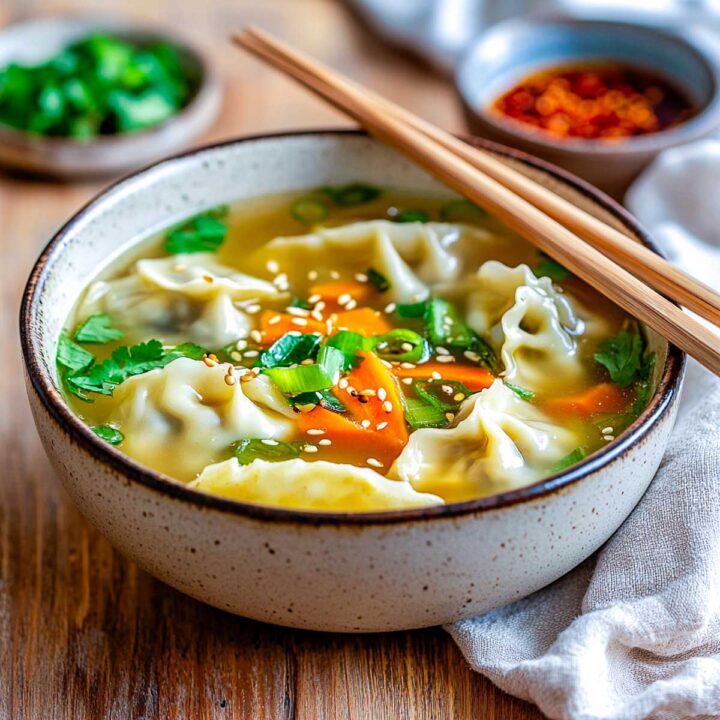 A bowl of gyoza soup on a wooden table.