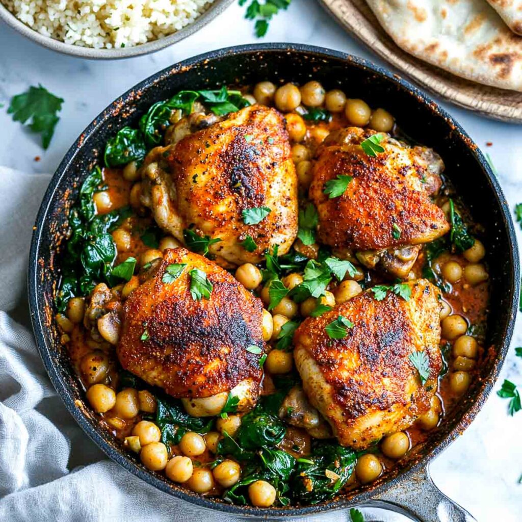 An overhead shot of a black skillet filled with harissa chicken and chickpeas, featuring four spice-rubbed chicken thighs simmering with chickpeas and spinach, served with a side of rice and flatbread.