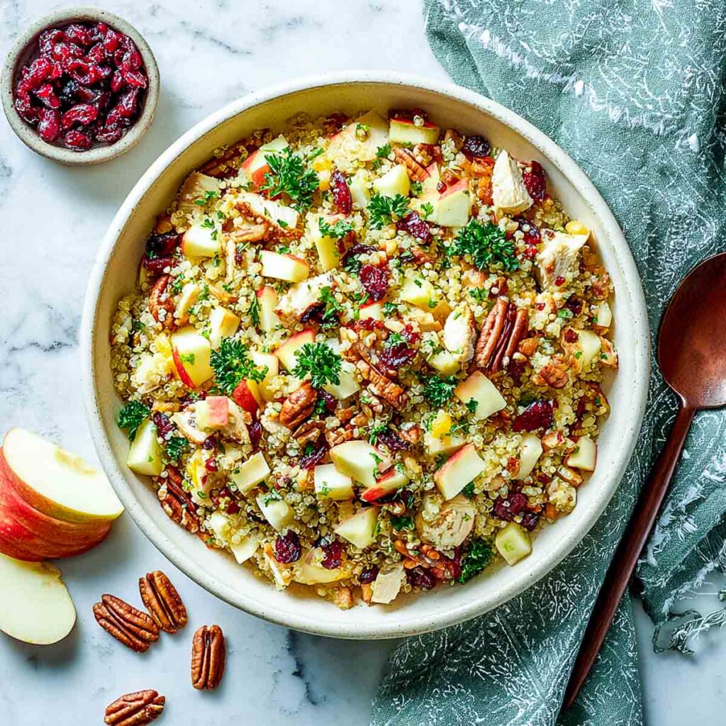 Quinoa and chicken salad in a white bowl.
