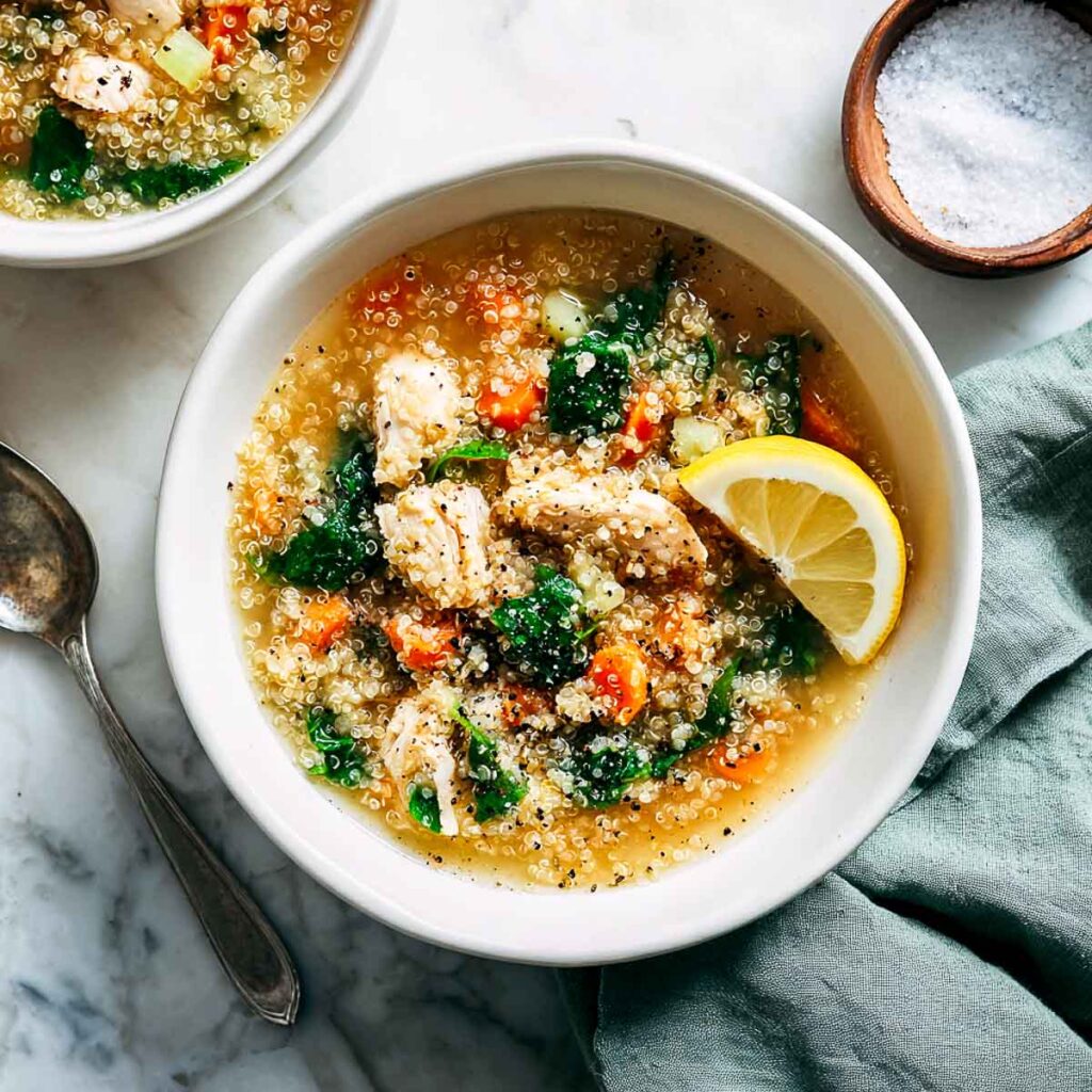 A bowl of chicken and quinoa soup on a marble surface.