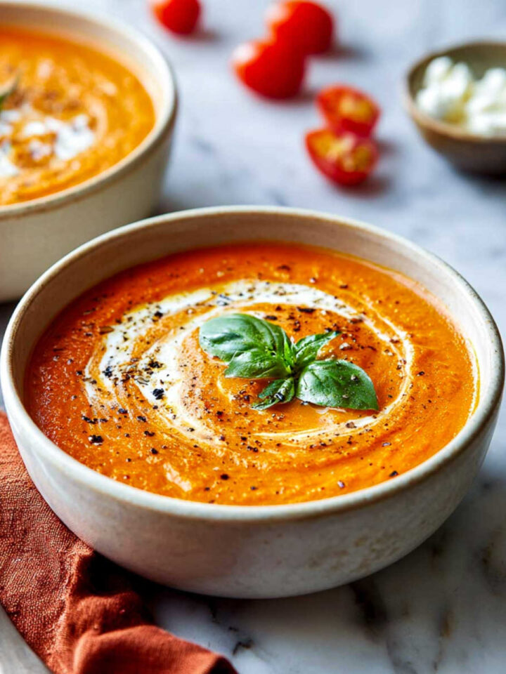 A bowl of vibrant orange-red creamy tomato soup, likely made high-protein with cottage cheese, garnished with a swirl of cream, a fresh basil leaf, and cracked black pepper. Whole and halved cherry tomatoes are visible in the soft-focus background.