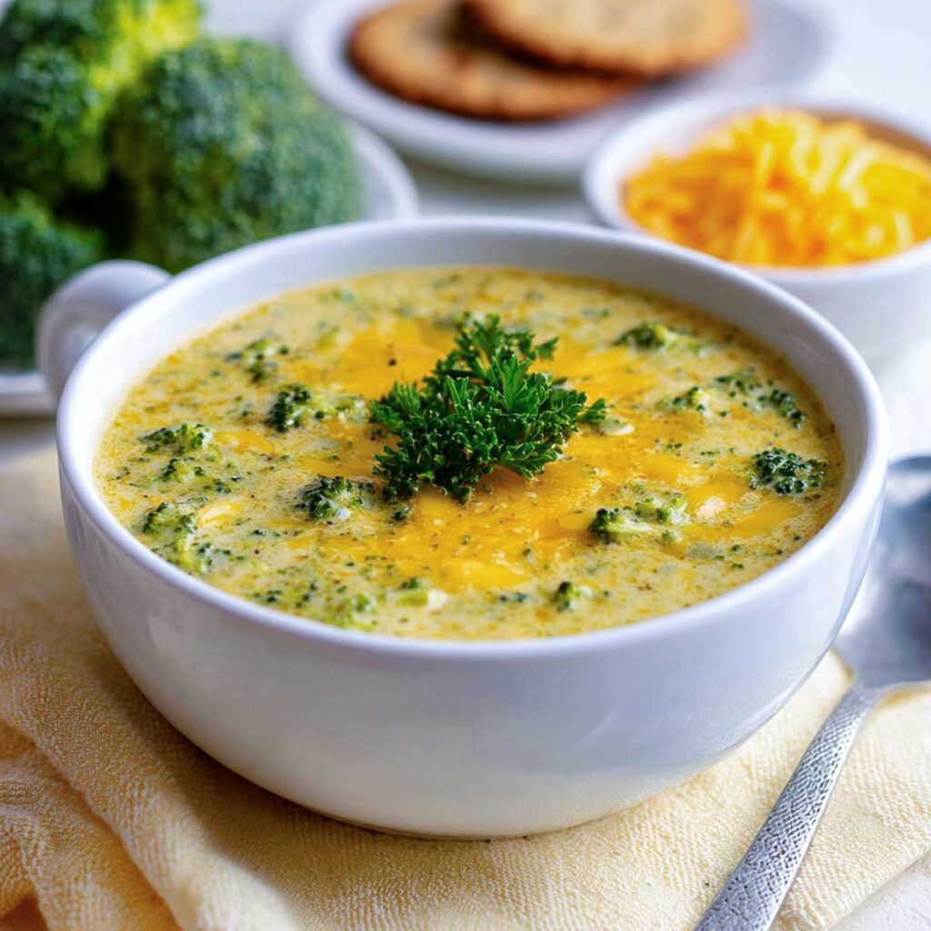 A close-up of a white bowl of broccoli cheddar soup, garnished with parsley and surrounded by crackers and fresh broccoli in the background.