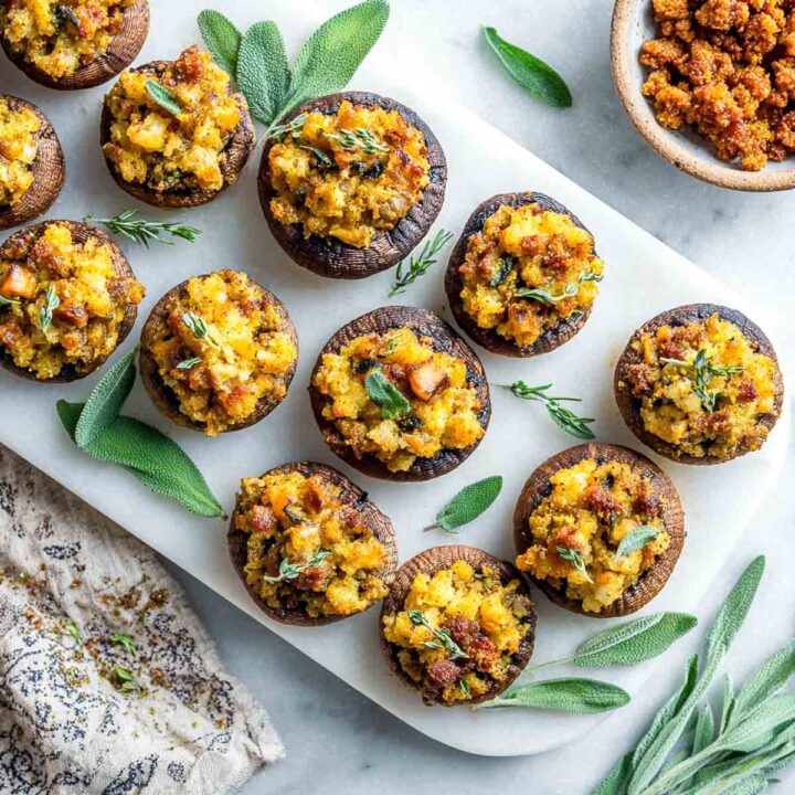 An overhead view of a dozen baked sausage-stuffed mushroom caps arranged on a white marble platter, garnished with fresh sage leaves and sprigs of thyme. A small bowl of crumbled sausage filling is visible in the upper right corner.