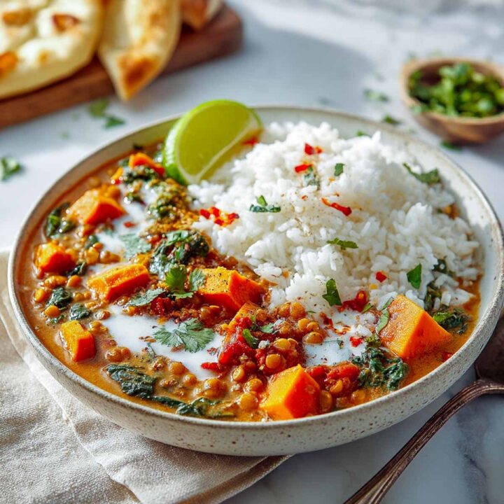 A close-up of a bowl filled with lentil and sweet potato stew, served with a scoop of white rice, garnished with a swirl of cream, chili flakes, fresh cilantro, and a lime wedge. Naan bread and a bowl of herbs are visible in the soft-focus background.