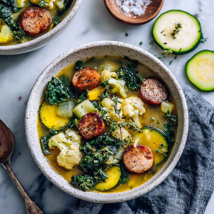 A bowl of sausage and veggie soup on a marble surface.