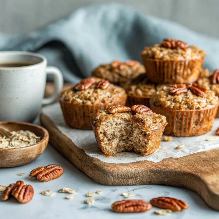 A close-up of maple pecan oatmeal cups on a wooden board, with one bitten to show the texture, next to a mug of coffee and scattered pecans.