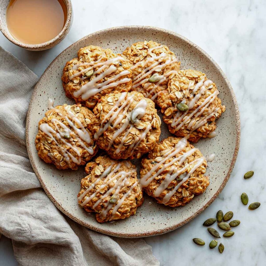 An overhead view of a plate of pumpkin oatmeal cookies drizzled with icing and sprinkled with pumpkin seeds, with a cup of tea nearby.