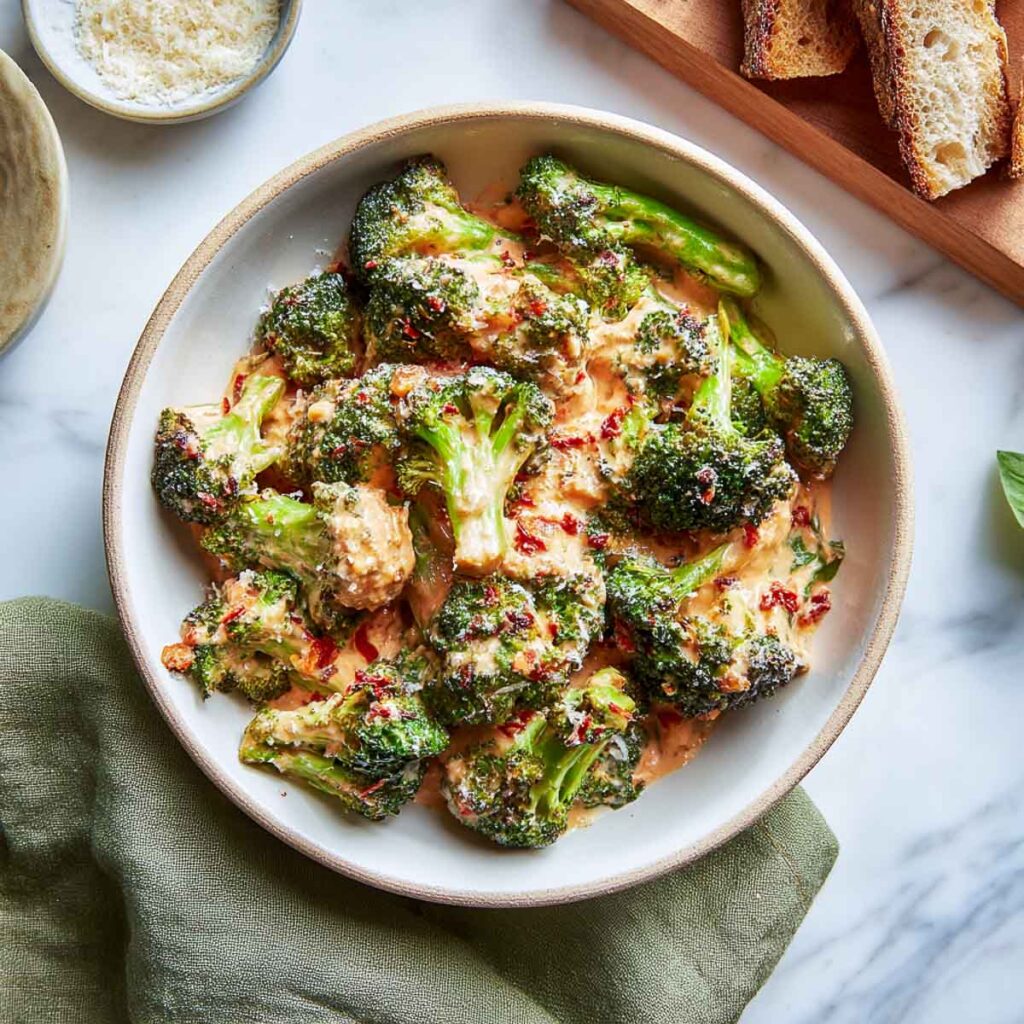 An overhead shot of a bowl of broccoli florets tossed in a creamy pink sauce, sprinkled with Parmesan cheese and red pepper flakes, with toasted bread on the side.