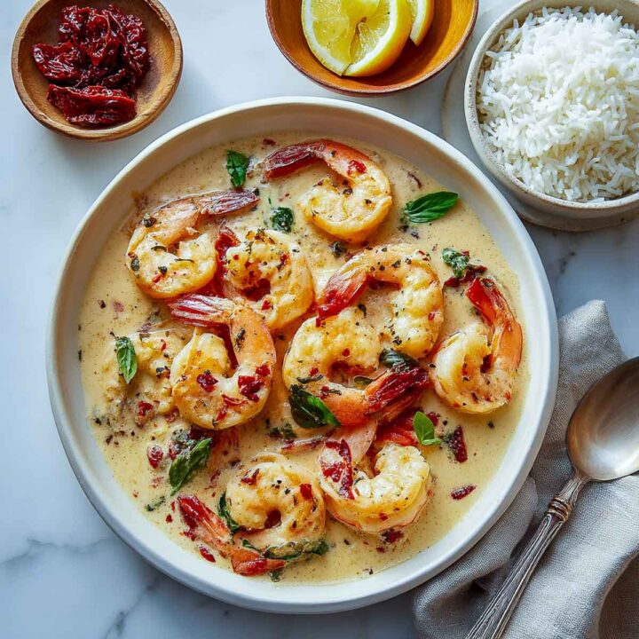 An overhead view of a bowl of creamy 'Marry Me' shrimp, featuring peeled shrimp simmered in a rich cream sauce with sun-dried tomatoes and fresh basil leaves. The dish is served on a marble surface alongside bowls of white rice, sun-dried tomatoes, and lemon wedges.