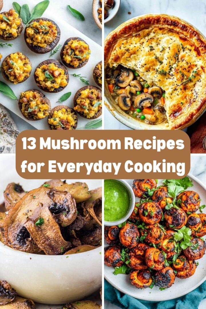 A four-image collage of mushroom recipes.