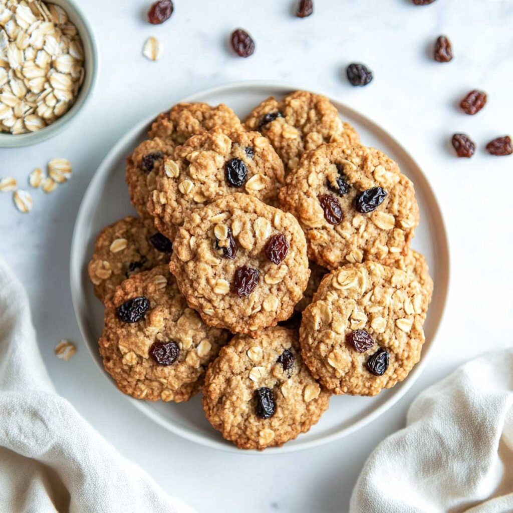 An overhead shot of a plate of oatmeal raisin cookies, surrounded by a small bowl of oats and scattered raisins.
