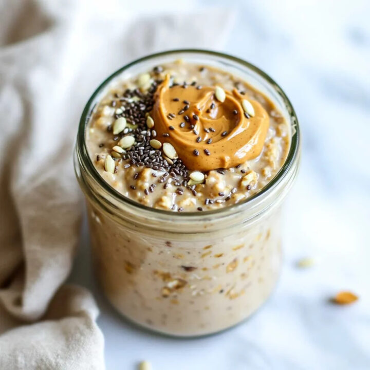 A close-up of a glass jar of peanut butter oatmeal, topped with a swirl of peanut butter and sprinkled with chia and pumpkin seeds.