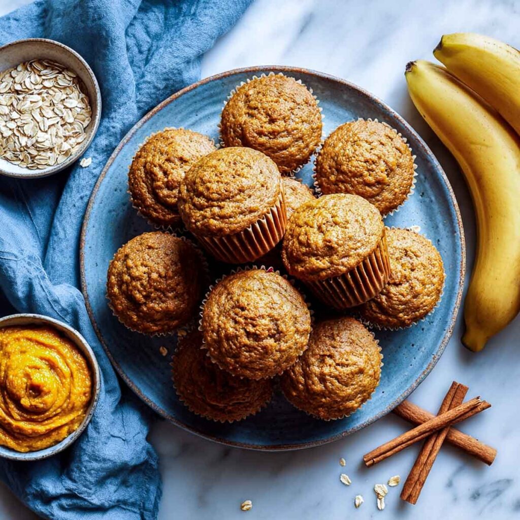 An overhead shot of pumpkin banana muffins piled on a blue plate, surrounded by their ingredients: fresh bananas, pumpkin purée, oats, and cinnamon sticks.