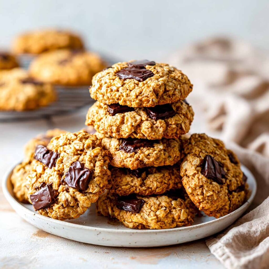 A stack of pumpkin spice oatmeal cookies with large, melted chocolate chunks is piled on a speckled plate, with a cooling rack of more cookies in the background.