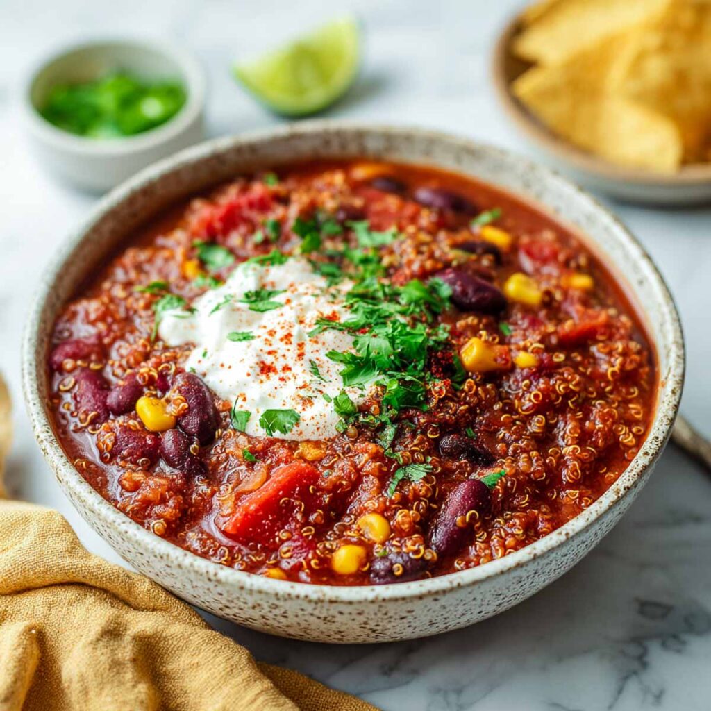 A bowl of quinoa chili topped with sour cream.