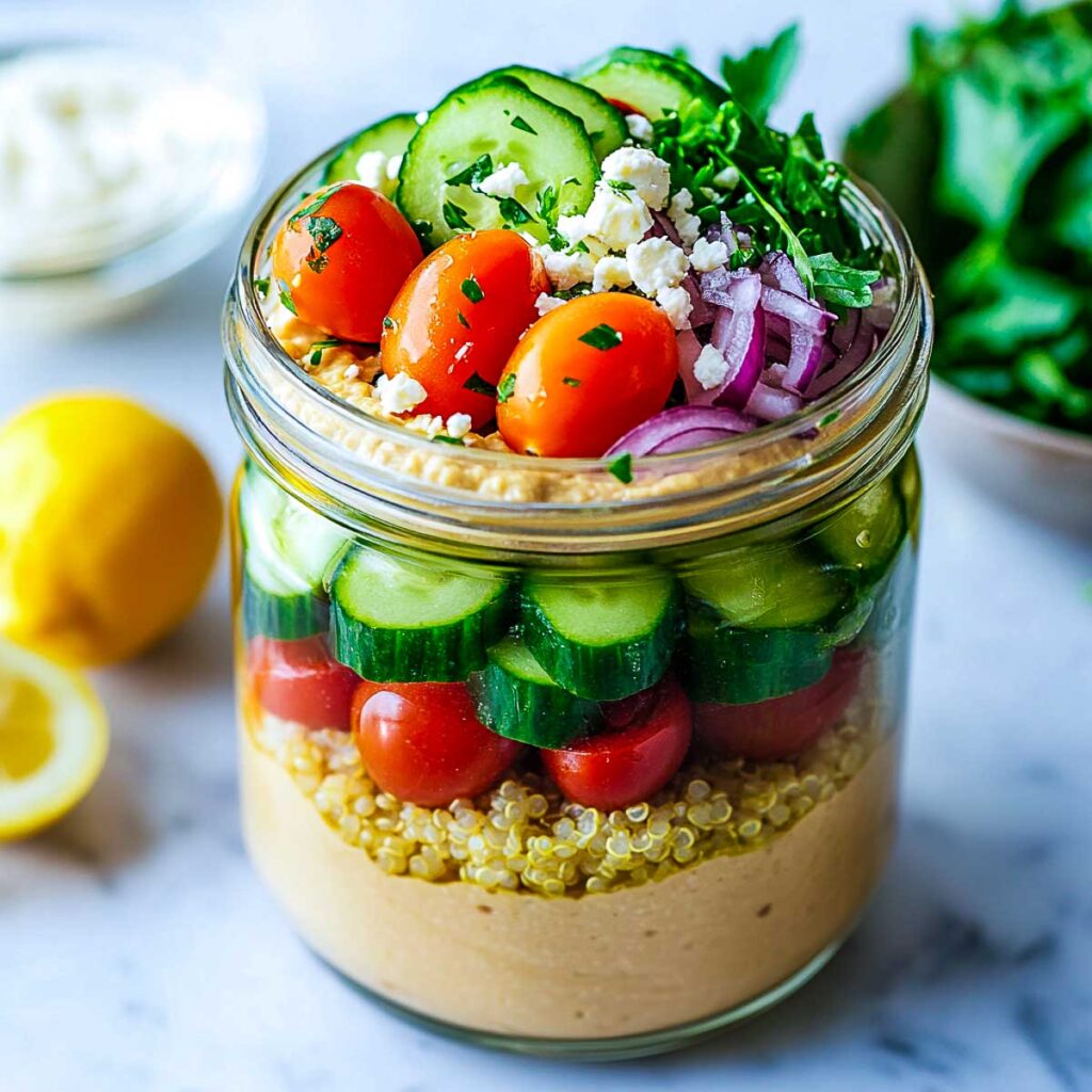 Quninoa and hummus mason jar meal prep.