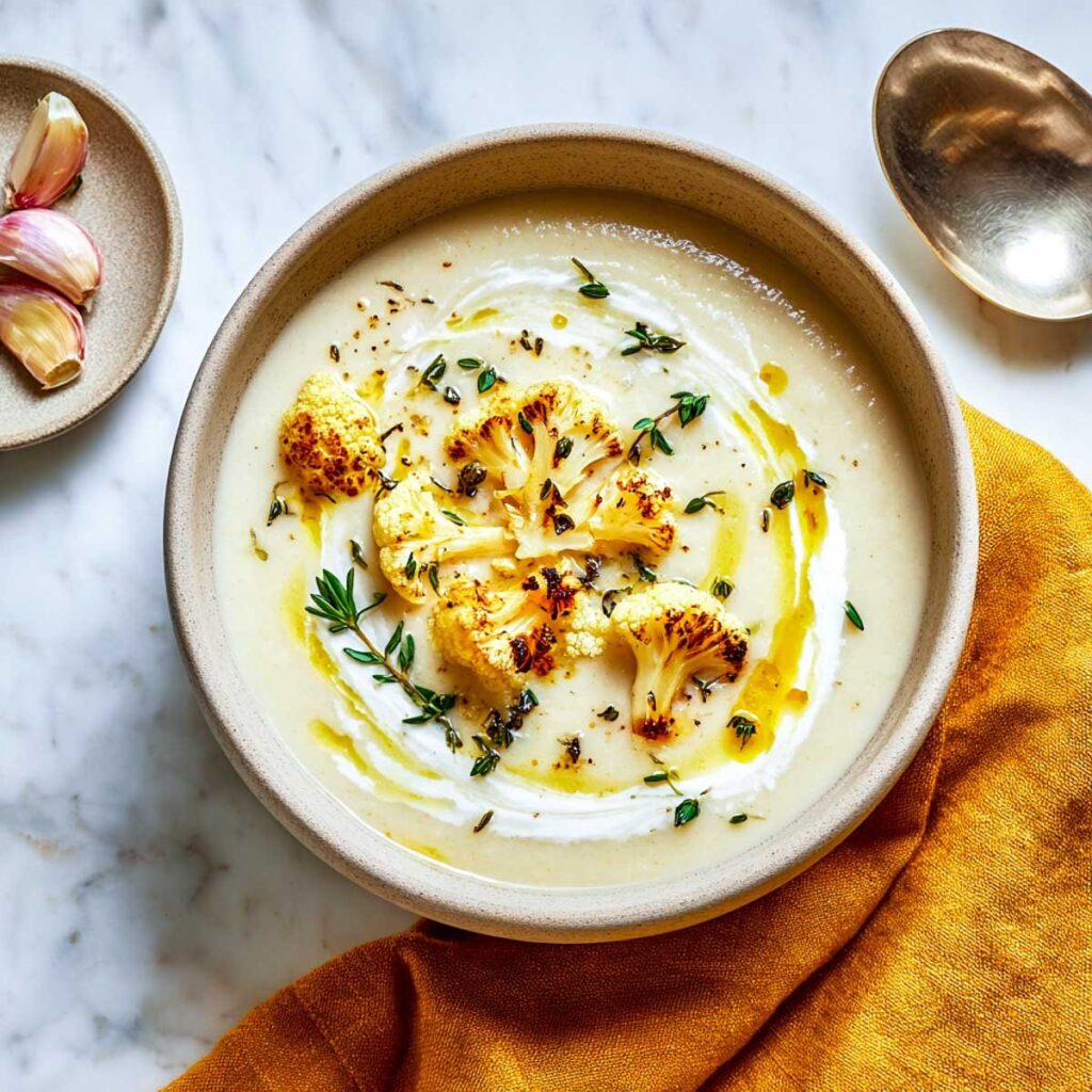 An overhead shot of a rustic bowl of creamy roasted cauliflower soup, beautifully garnished with roasted cauliflower florets, a swirl of cream, a drizzle of olive oil, and fresh thyme.