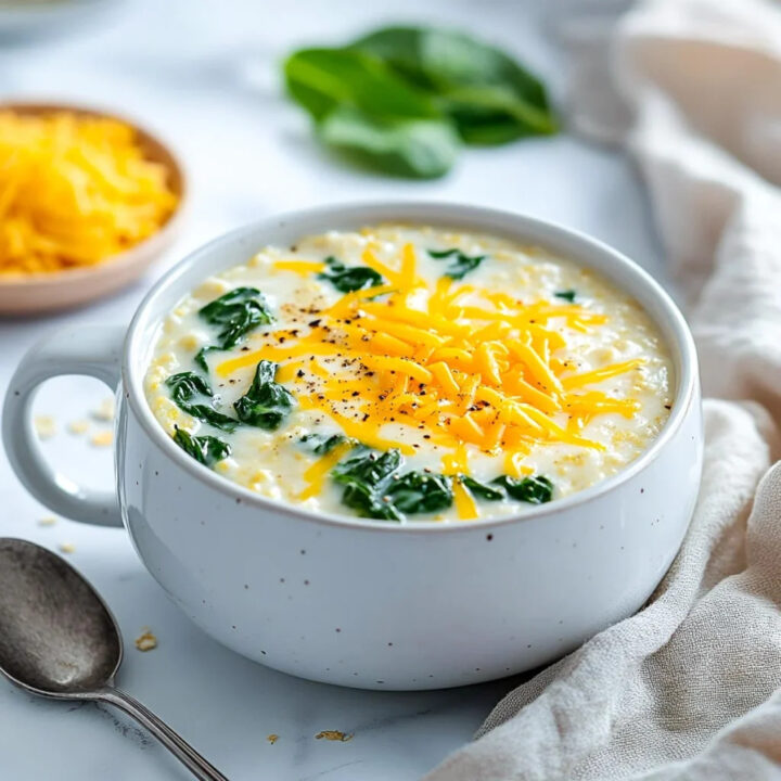 A white mug of savory oatmeal with spinach, generously topped with shredded cheddar cheese and black pepper, with a bowl of cheese in the background.