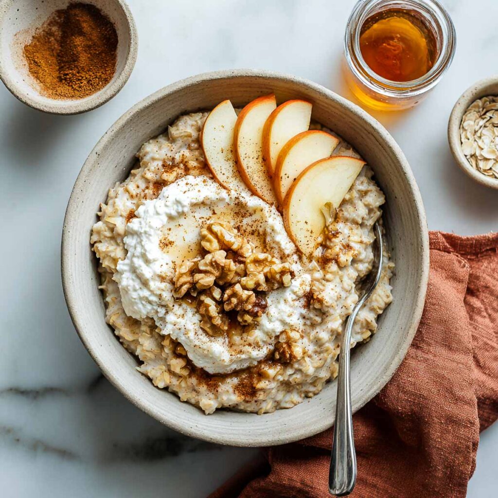 An overhead shot of a rustic bowl of apple cinnamon oatmeal, topped with a dollop of cottage cheese, fanned apple slices, and walnuts, with a jar of honey nearby.