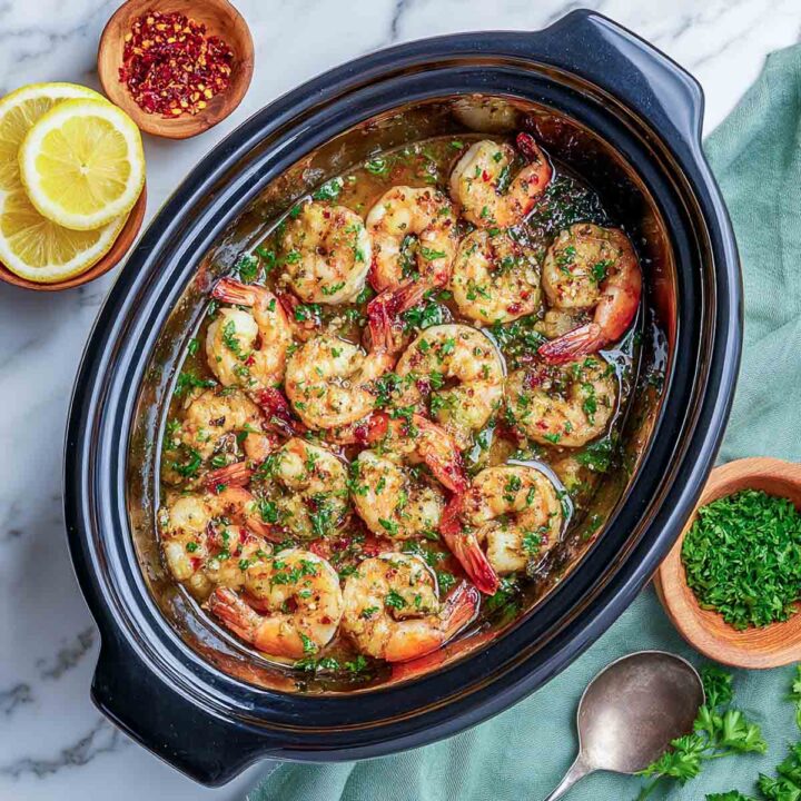 An overhead view of garlic butter shrimp simmering in a rich, herbed sauce inside a black oval slow cooker insert. Sliced lemons, a small bowl of red chili flakes, and a bowl of fresh chopped parsley are arranged around the cooker.