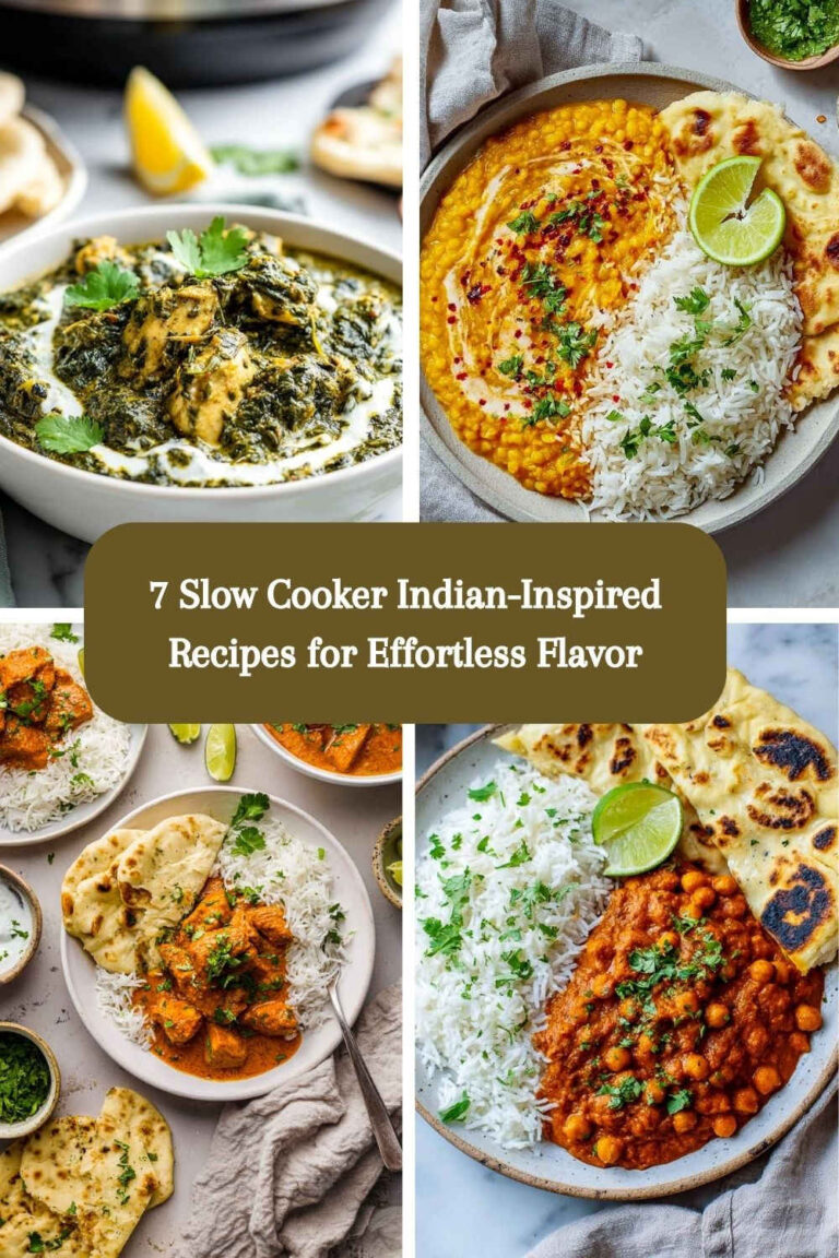 A four-image collage of Indian recipes made in slow cooker.