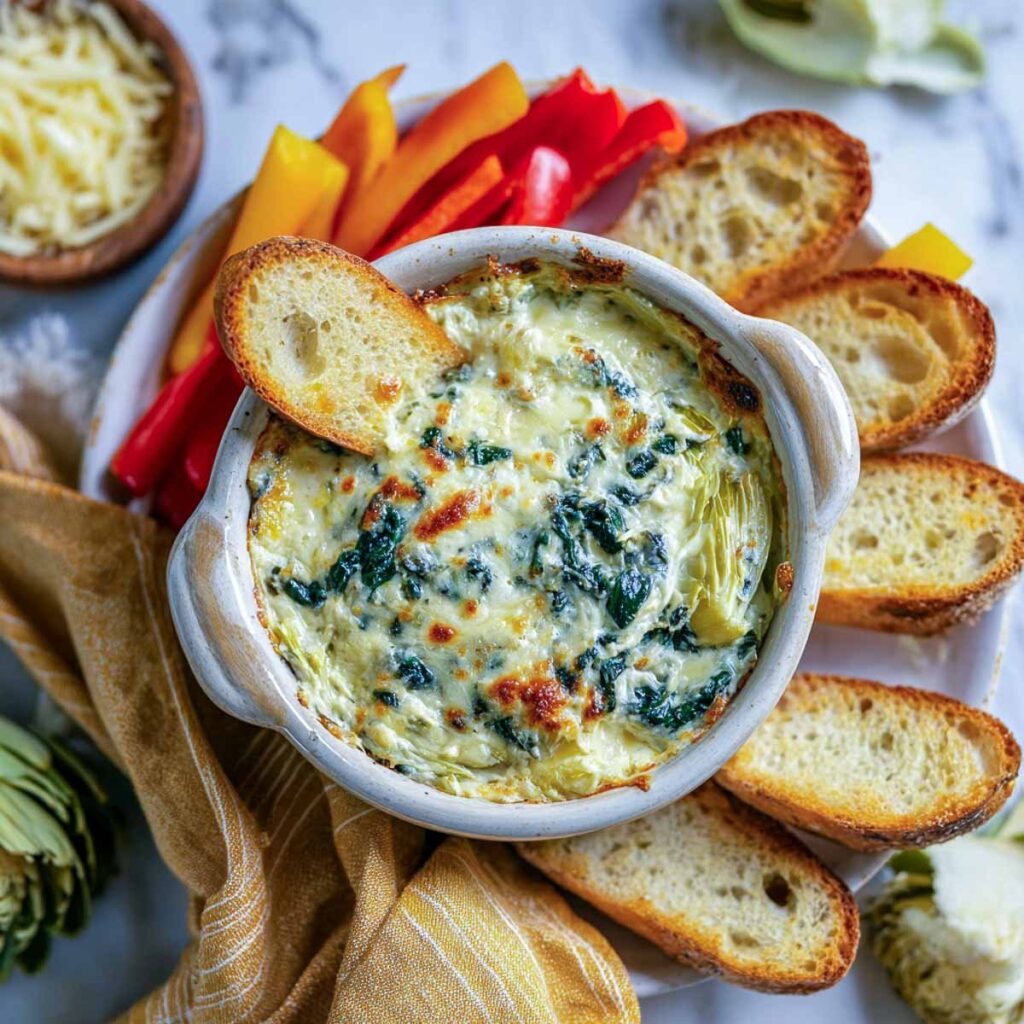An overhead shot of a warm, bubbly spinach artichoke dip in a rustic bowl, served with toasted crostini and colorful bell pepper strips for dipping.