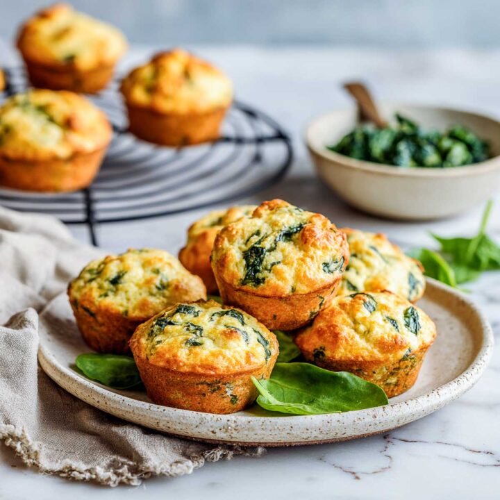 Spinach and cottage cheese muffins on a white plate.