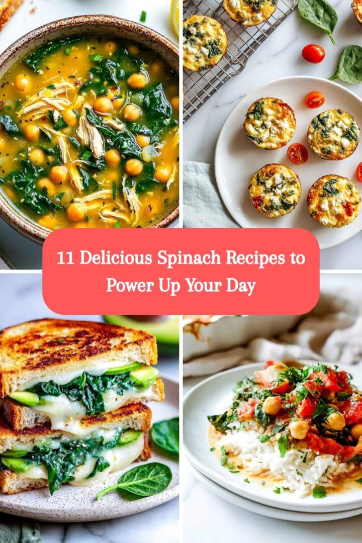 A four-image collage of spinach recipes.
