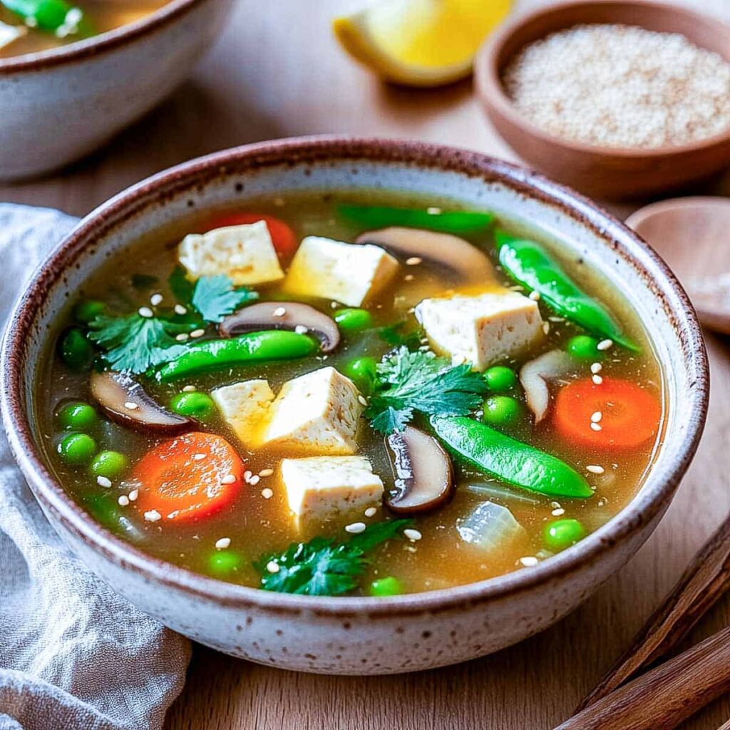 A close-up of a rustic bowl of spring vegetable soup, filled with a clear broth, cubes of tofu, carrots, mushrooms, peas, and snow peas.