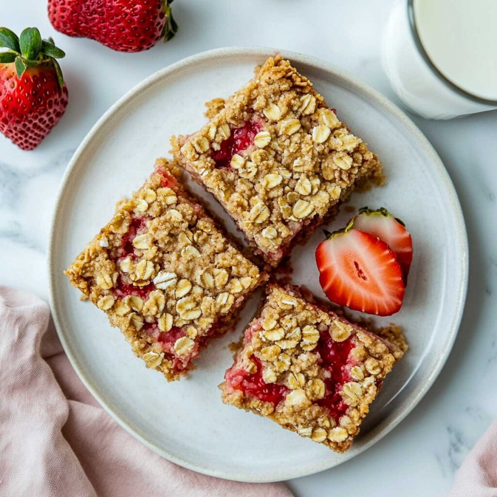 An overhead view of three strawberry oatmeal bars on a plate, garnished with fresh strawberry slices and surrounded by more strawberries and a glass of milk.