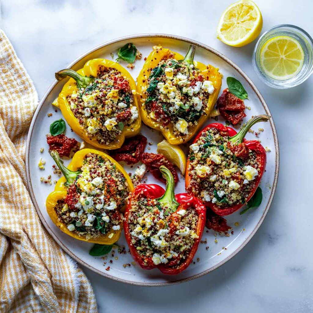 Bell peppers stuffed with quinoa and served on a white plate.
