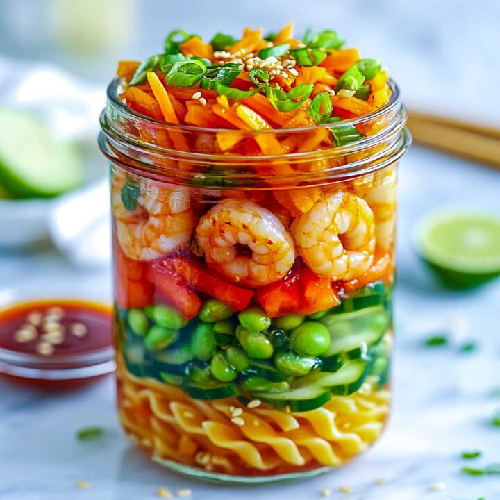 A meal-prep sweet chili shrimp and noodle salad layered vertically inside a clear glass jar.