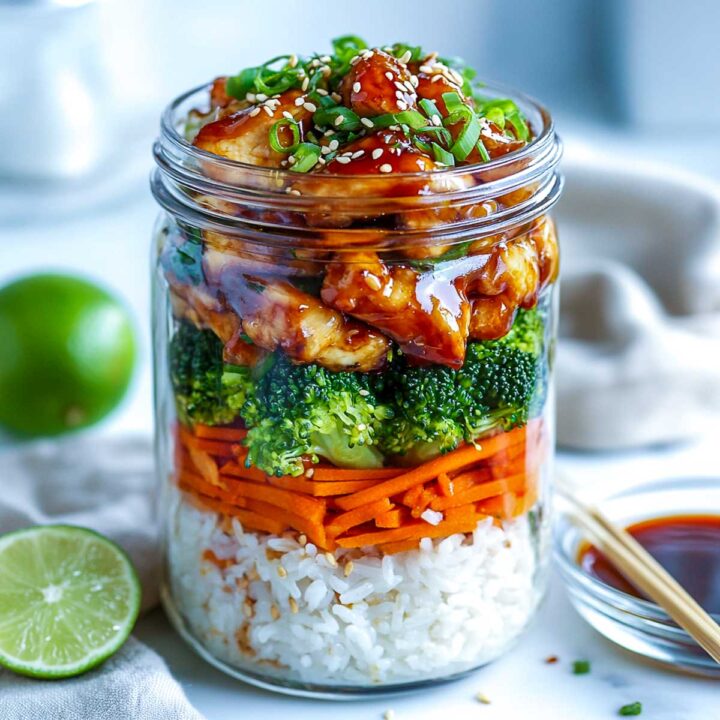 Teriyaki chicken and broccoli meal prep lunch in a mason jar.