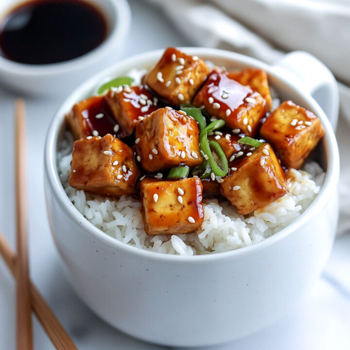 A close-up of a white bowl filled with fluffy white rice and topped with cubes of glossy teriyaki tofu, garnished with sesame seeds and green onions.