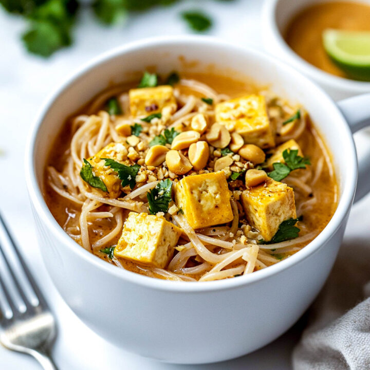 A close-up of a white bowl of Thai peanut noodles with tofu, topped with crushed peanuts and fresh cilantro.