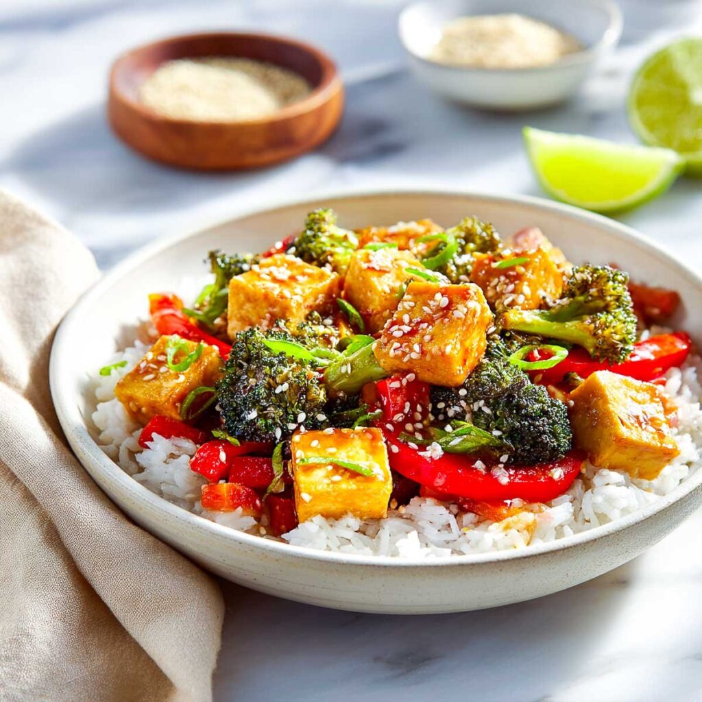 A close-up of a bowl of tofu and broccoli stir-fry with red bell peppers, served over a bed of white rice and garnished with sesame seeds and green onions.