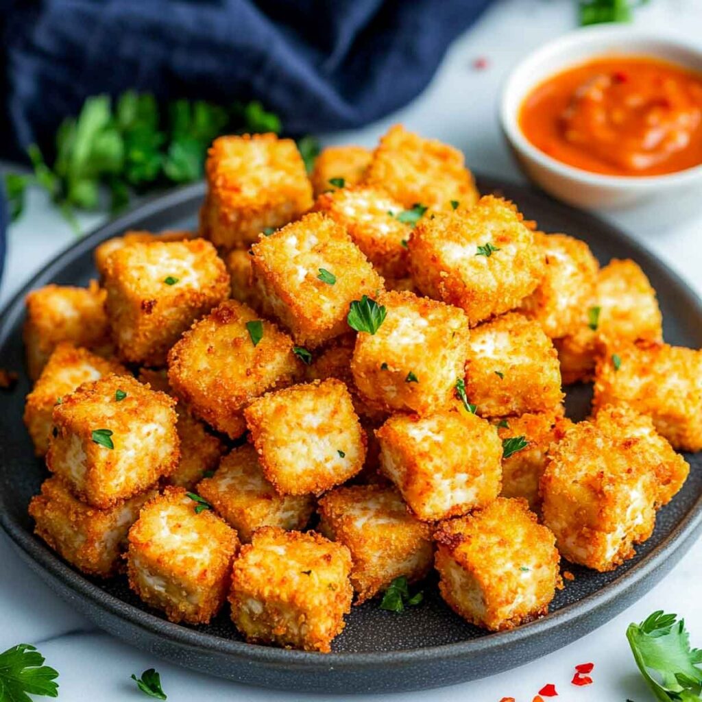 A close-up of a dark grey plate piled high with crispy, golden-brown tofu nuggets, sprinkled with fresh parsley and served with a side of red dipping sauce.