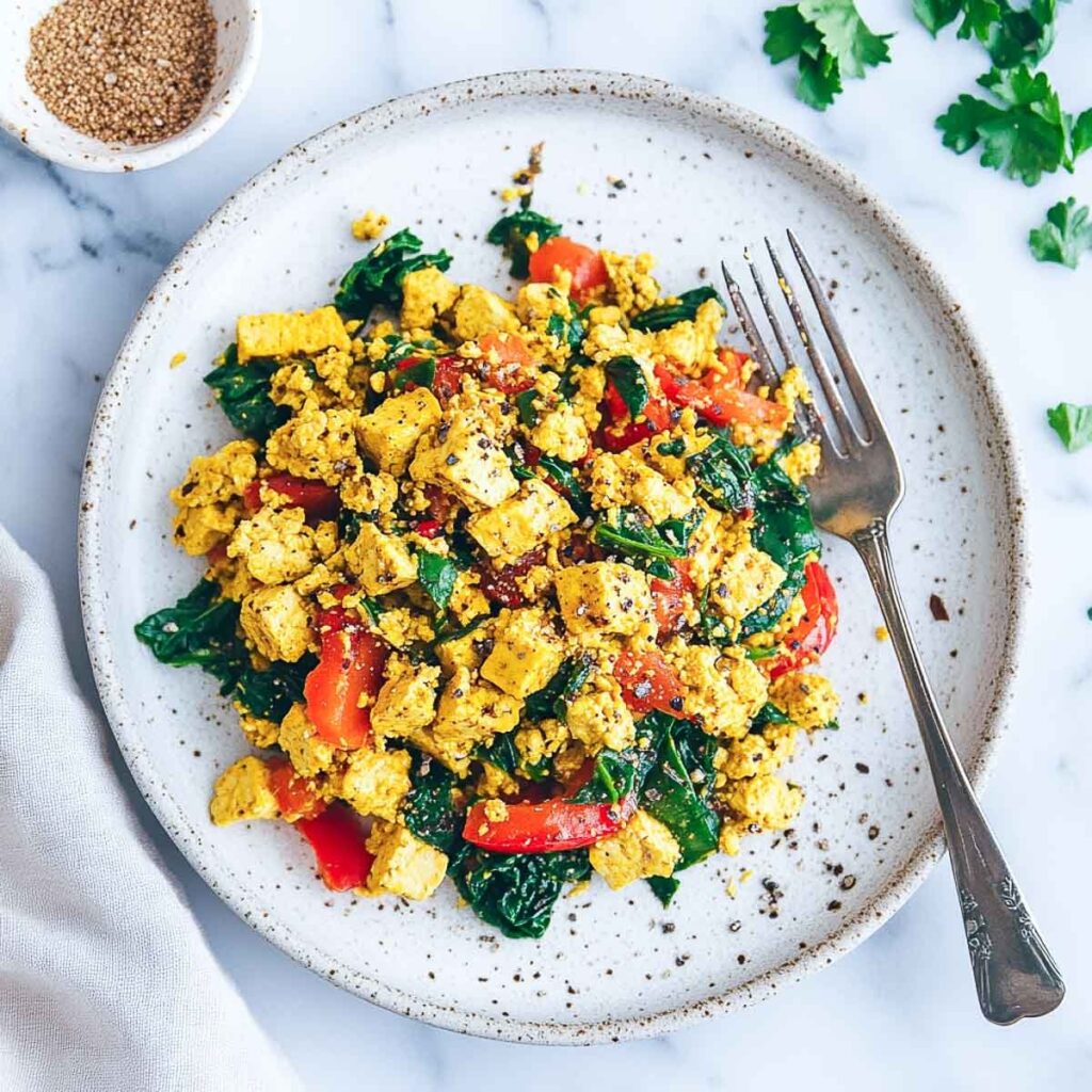 An overhead shot of a rustic, speckled plate of tofu scramble mixed with wilted spinach and diced red bell peppers, with a fork on the side.