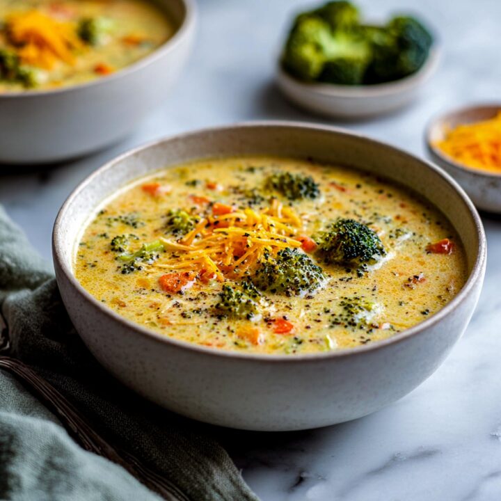 Vegan broccoli cheddar soup served in a white bowl.