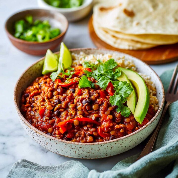 A bowl of vegan lentil and black bean chili (or burrito filling) served over a bed of rice, garnished with slices of avocado, fresh cilantro, and two lime wedges. A stack of tortillas and small bowls of toppings are visible in the soft-focus background.