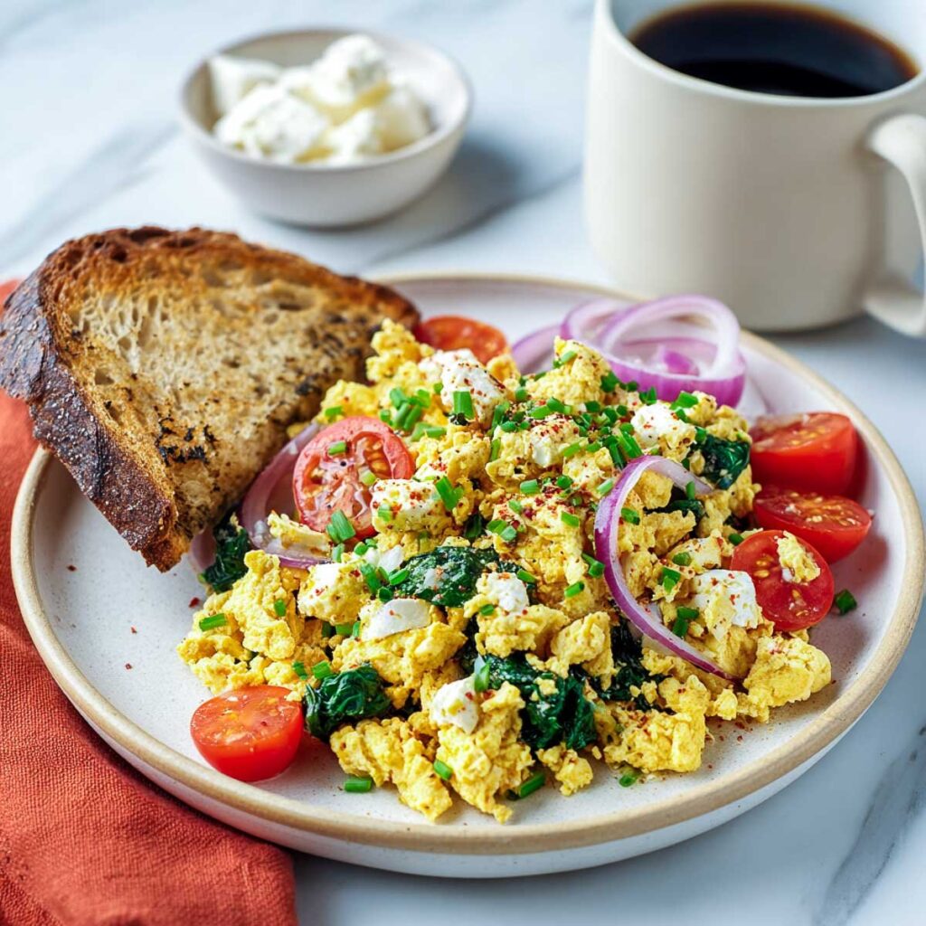 A close-up of a breakfast plate with a tofu and spinach scramble, topped with vegan cottage cheese and chives, and served with a slice of toast, fresh tomatoes, and a cup of coffee.