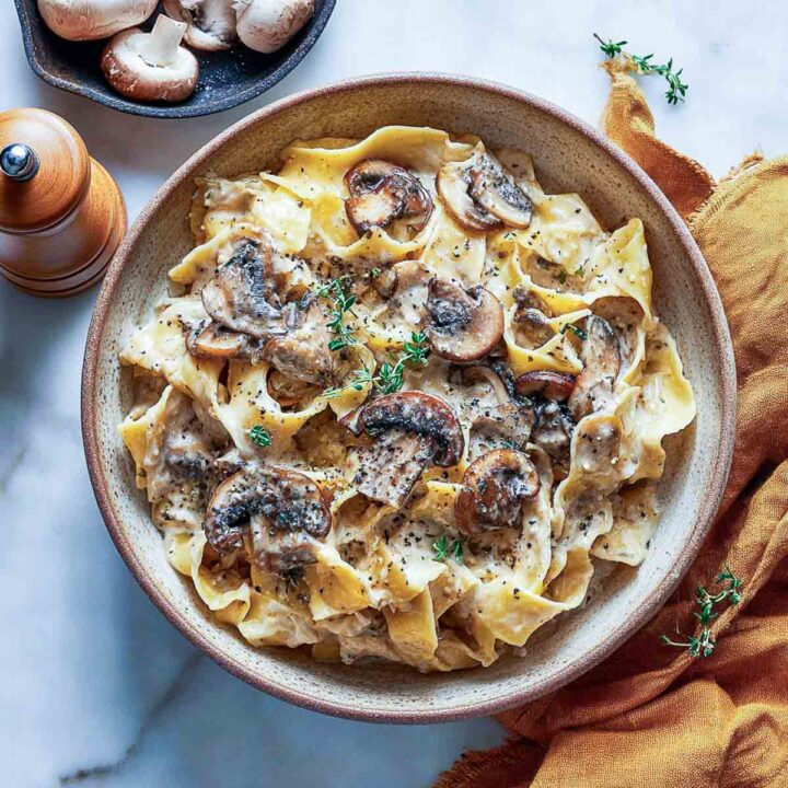 Mushroom stroganoff with cottage cheese sauce.