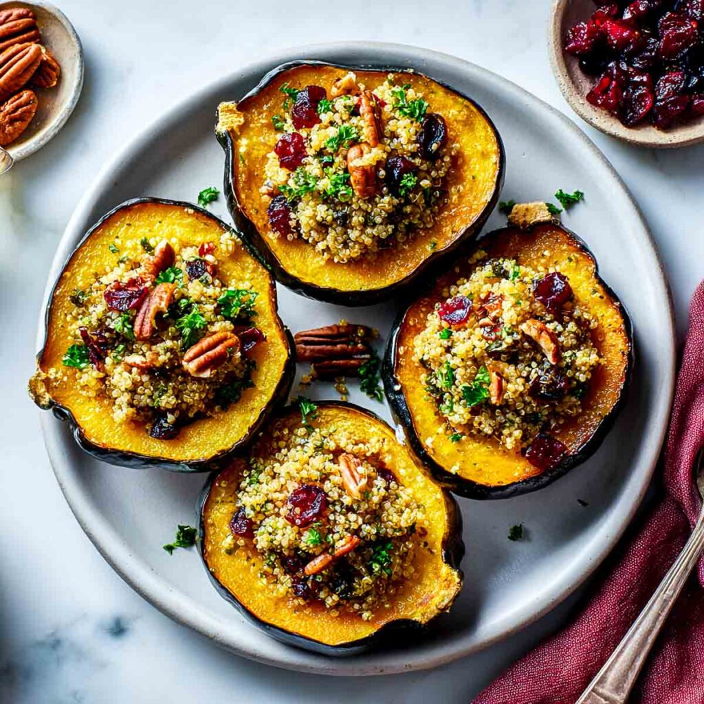 Roasted acorn squash stuffed with quinoa.