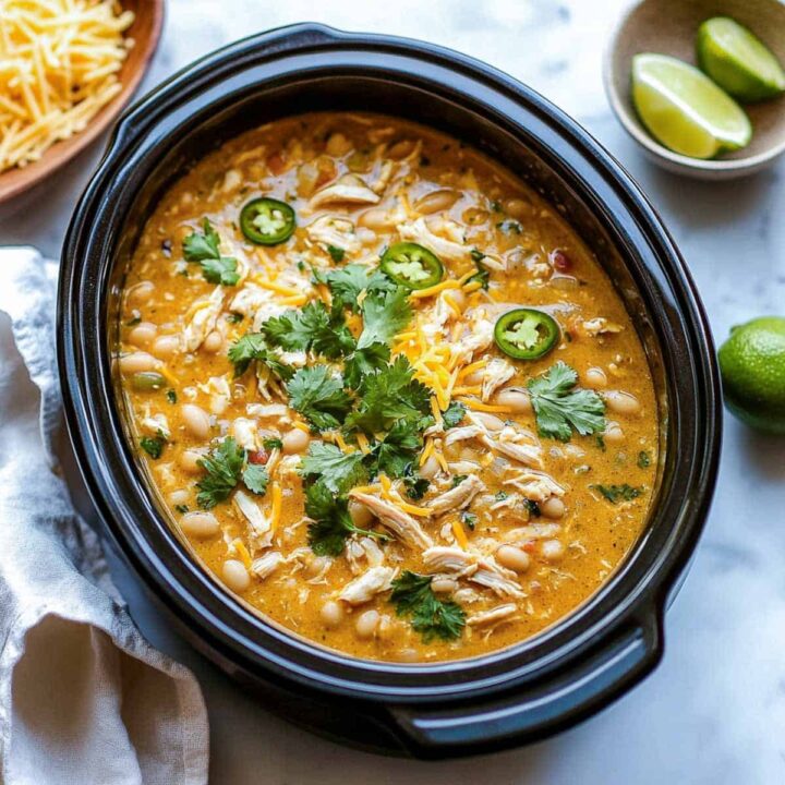 An overhead view of white chicken chili in a black oval slow cooker insert, filled with white beans and shredded chicken in a creamy, golden broth, garnished with shredded cheddar cheese, sliced jalapeños, and a large sprig of fresh cilantro. Lime wedges are visible in the background.