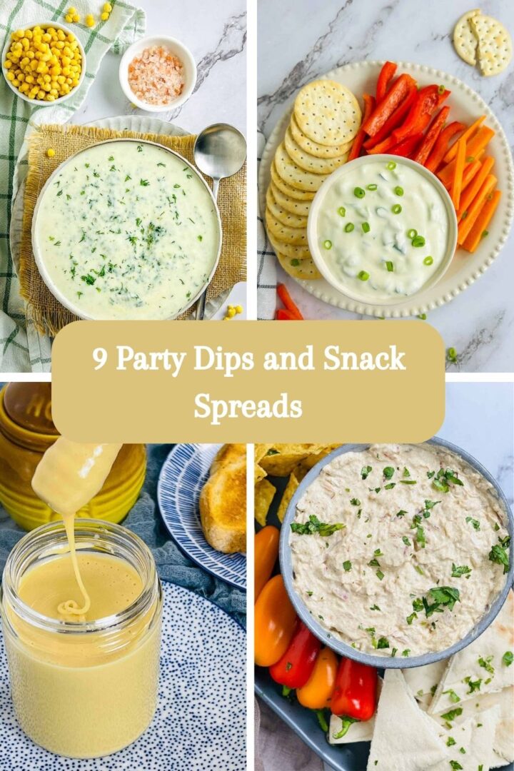 A four-image collage of dips and sauces.